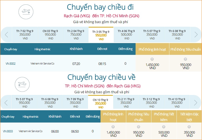 gia vé máy bay đi Rạch Giá