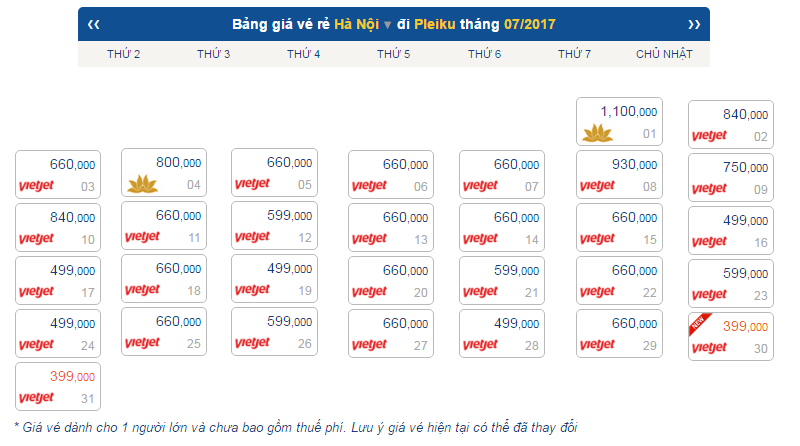 giá vé máy bay từ hà nội đi Pleiku