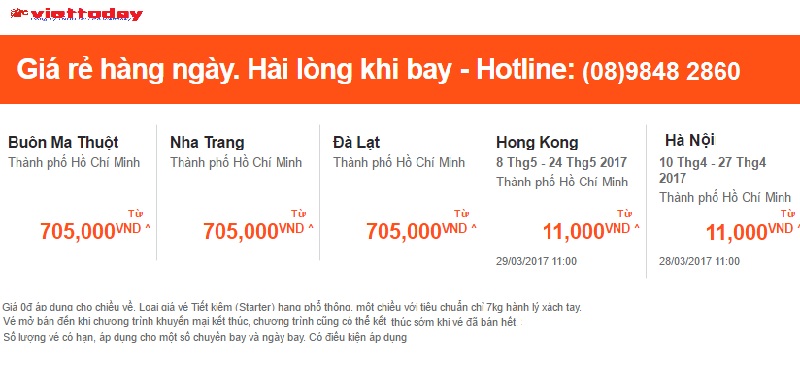 bảng giá vé khuyến mại hãng jetstar