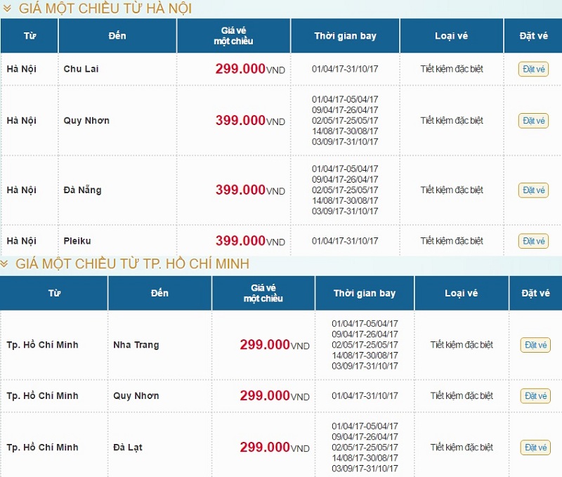 bảng giá vé khuyến mại hãng vietnam airlines
