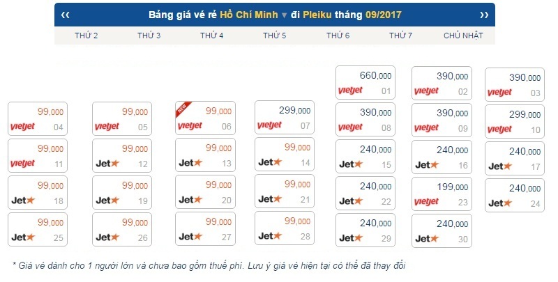giá vé máy bay từ Sài Gòn đi Pleiku