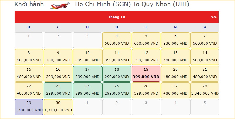 Giá vé đi Quy Nhơn hãng Vietjet Air