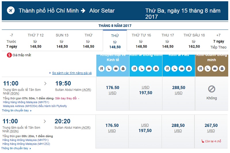 giá vé hãng Malaysia Airlines