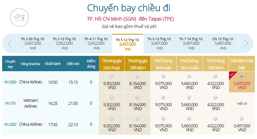 giá vé đi Taipei hãng vienam airlines