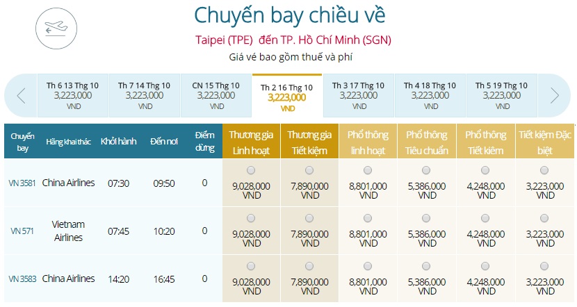 Giá vé đi Taipei khứ hồi hãng Vietnam airlines