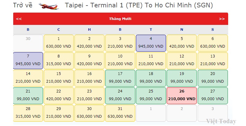 Giá vé khứ hồi đi Taipei hãng Vietjet