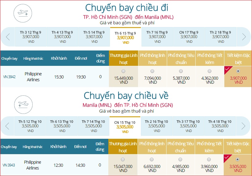 Giá vé Khứ hồi TP HCM đi Manila hãng Vietnam airlines