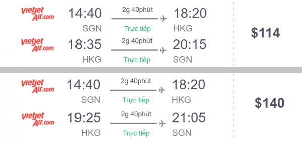 giá vé máy bay vietjet từ hcm đi Hong Kong