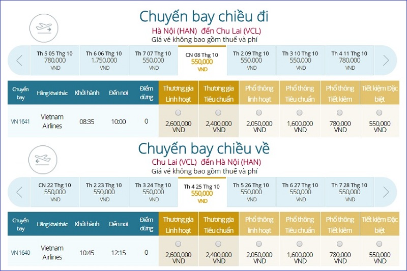 giá vé máy bay Vietnam airlines đi Chu Lai