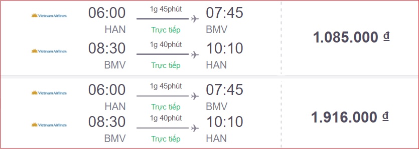 Giá vé máy bay khứ hồi Buôn Ma Thuột Hà Nội