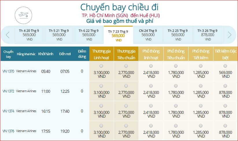 giá vé máy bay tp Hồ Chí Minh đi Huế